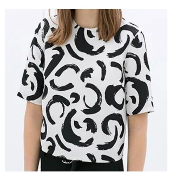 Choies vintage 90s white black swirl short sleeve boxy retro blouse artsy abstra - Picture 8 of 8